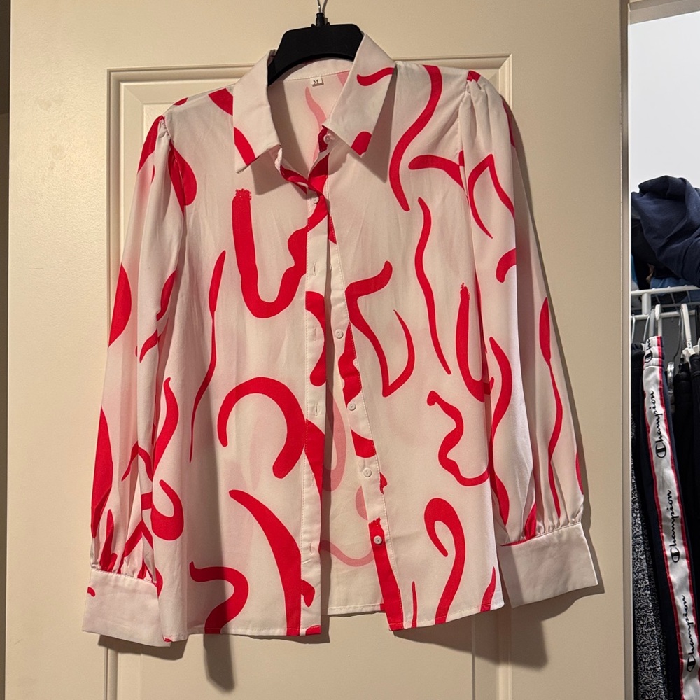 Red and White Patterned Blouse